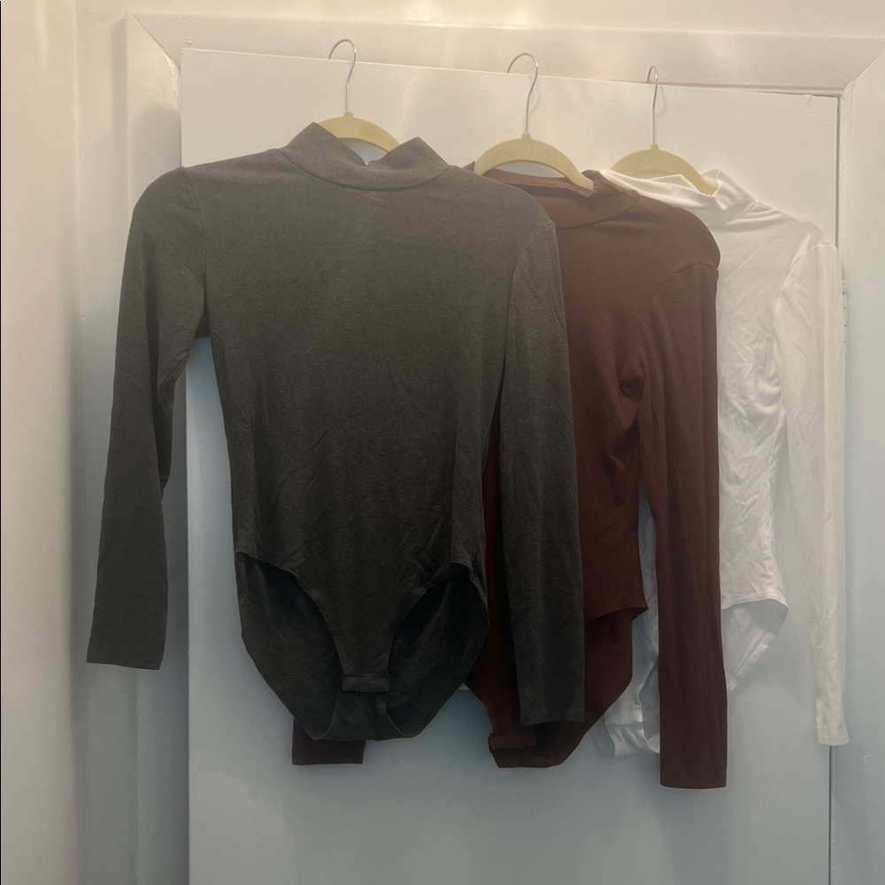 Set of Three Long Sleeve Bodysuits - Gray, Brown, White